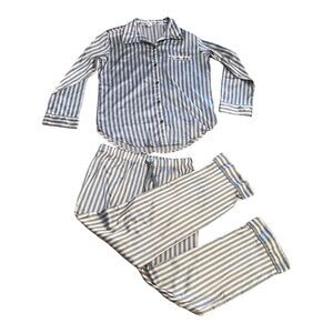 VICTORIA'S SECRET Glazed Satin Striped Pajama Set M Blue White Button Down